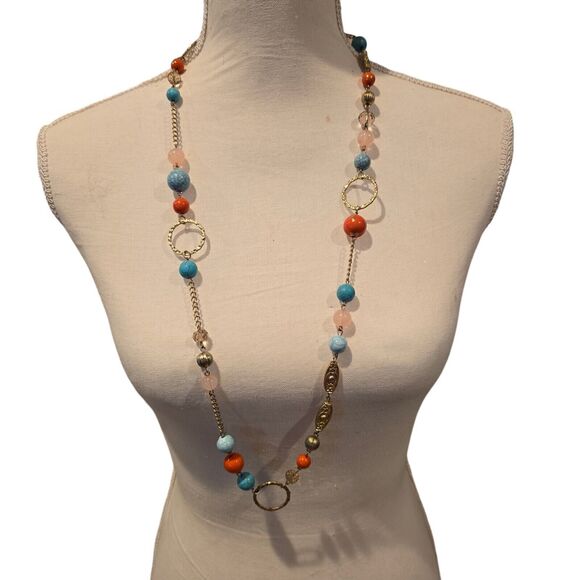 Unbranded Jewelry - Light Colored Simulated Stones Necklace Acrylic Beads Matte Gold Tone 34" - 36"
